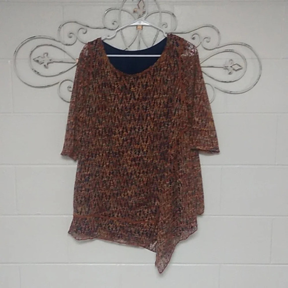 ONE WORLD SHEER CROCHET SHORT SLEEVE OVER TANK TOP,FALL COLORS, TUNIC - Picture 9 of 9